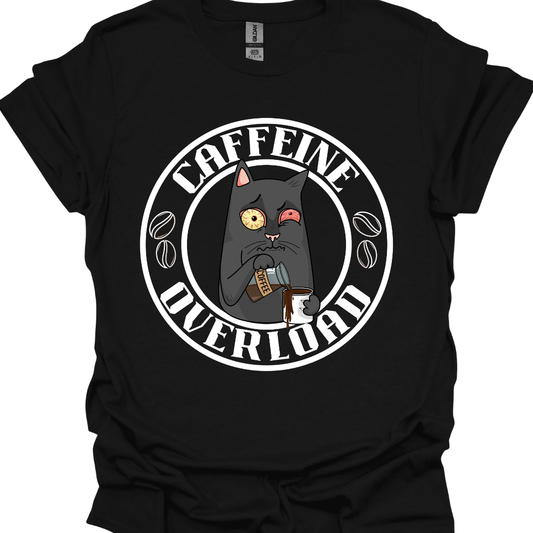 Caffeine Overload Cat T-Shirt – Funny Coffee Lover Tee for Cat Enthusiasts