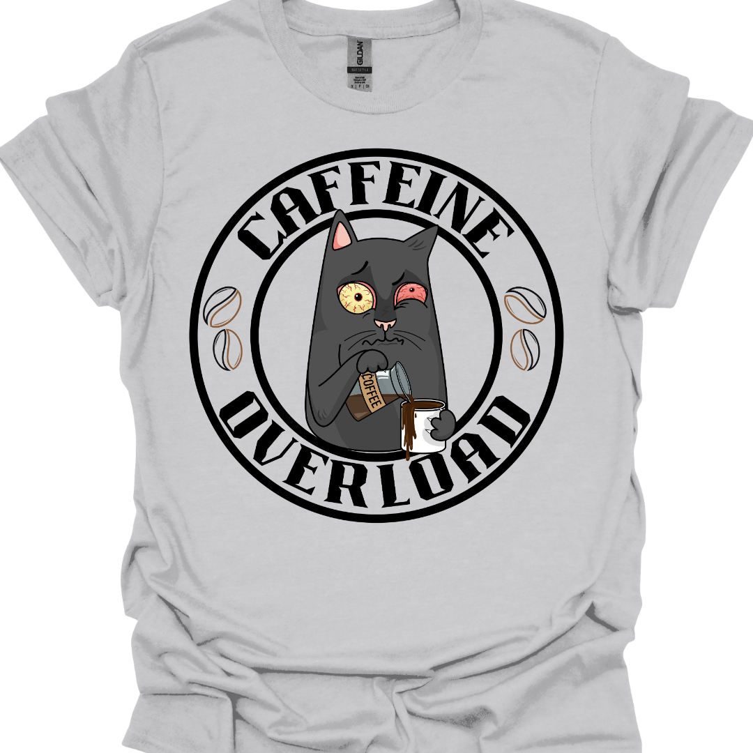 Caffeine Overload Cat T-Shirt – Funny Coffee Lover Tee for Cat Enthusiasts