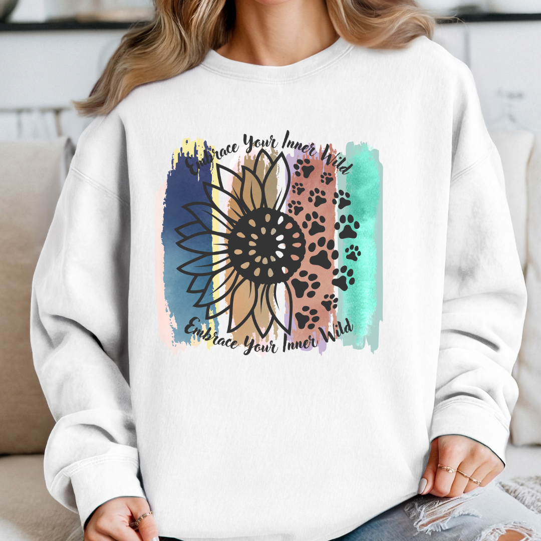 Cat Lover Sweatshirt with Brush Stroke, Flower and paws Design. Embrace Your Inner Wild