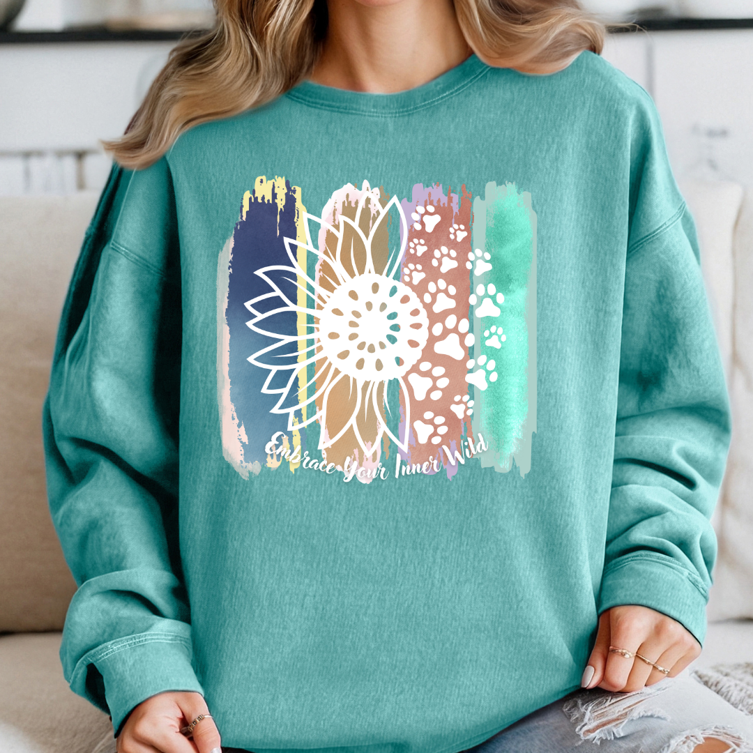 Cat Lover Sweatshirt with Brush Stroke, Flower and paws Design. Embrace Your Inner Wild