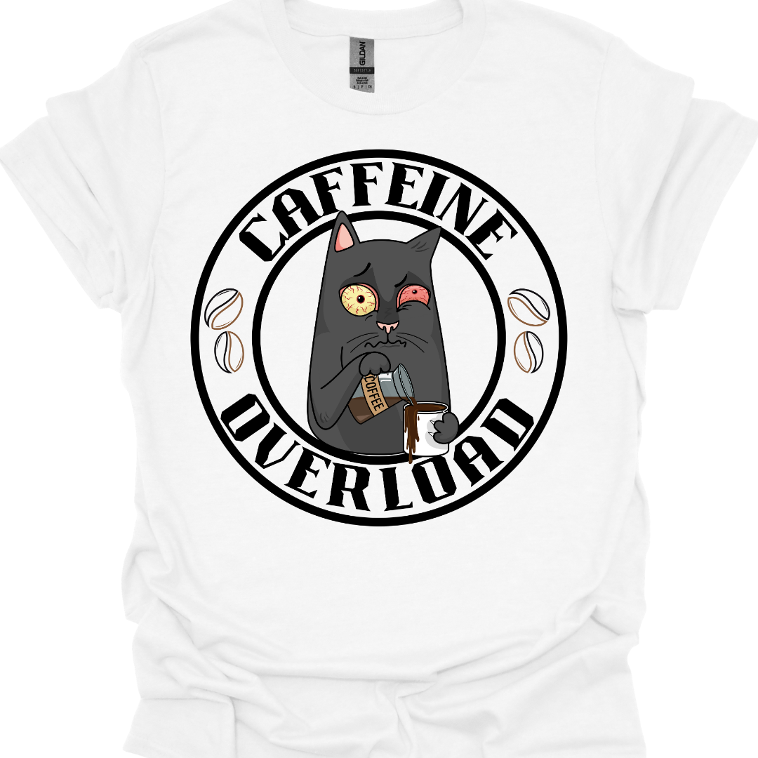 Caffeine Overload Cat T-Shirt – Funny Coffee Lover Tee for Cat Enthusiasts