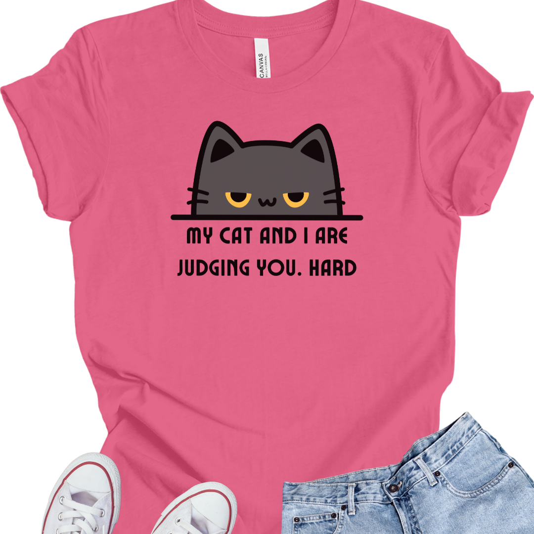 Funny Peeking Cat T-Shirt – "My Cat and I Are Judging You. Hard."