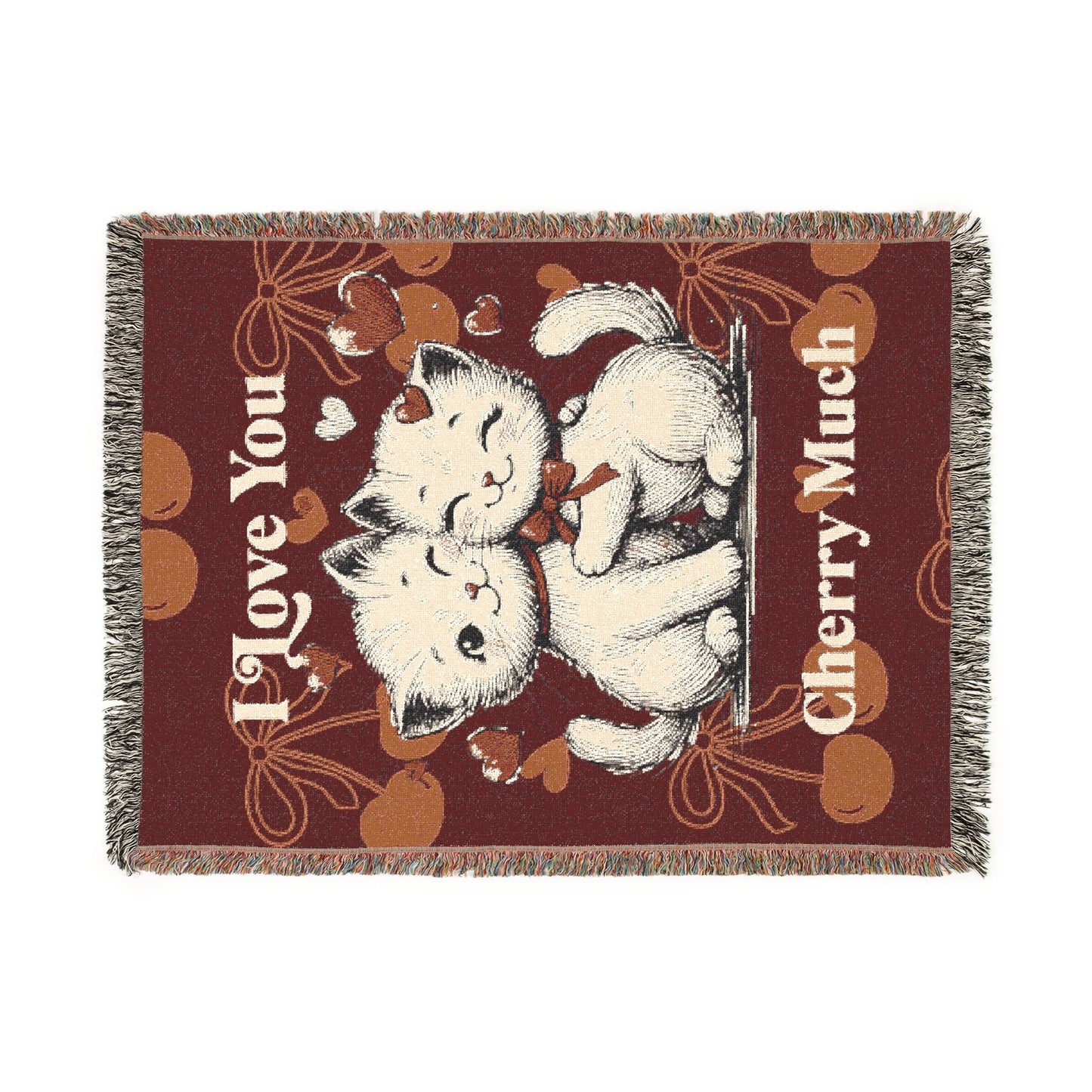 "Love You Cherry Much" Woven Cat Blanket – Cozy & Whimsical Home Accent