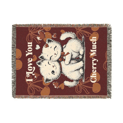 "Love You Cherry Much" Woven Cat Blanket – Cozy & Whimsical Home Accent