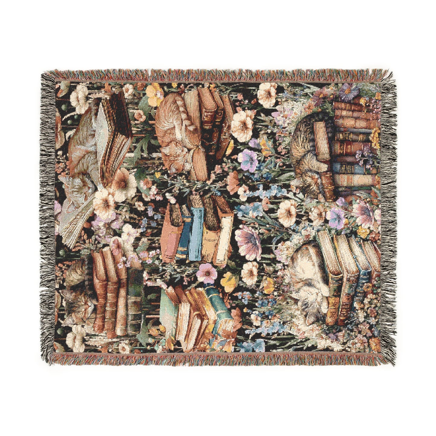 Woven Blanket – Cats, Books & Wildflowers | Cat & Book Lovers Gift