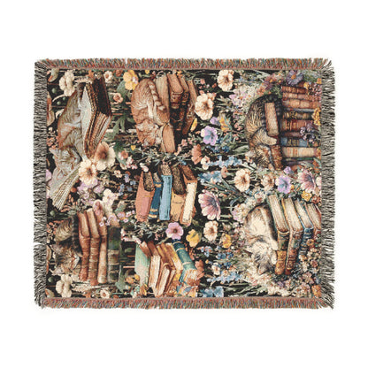 Woven Blanket – Cats, Books & Wildflowers | Cat & Book Lovers Gift