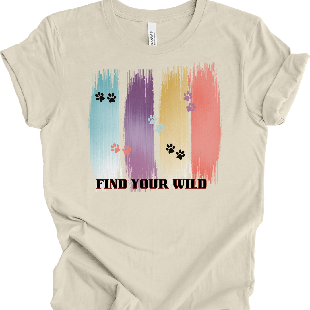 Cat Lover T-Shirt – ‘Find Your Wild’ Paw Print Brush Stroke Design | Adventure & Animal Lover Tee