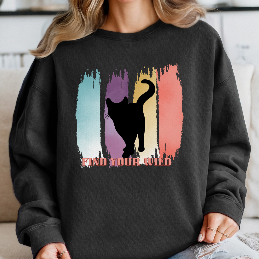 Cat Lover Crewneck Sweatshirt "Find Your Wild" – Artistic Brush Stroke & Silhouette Design