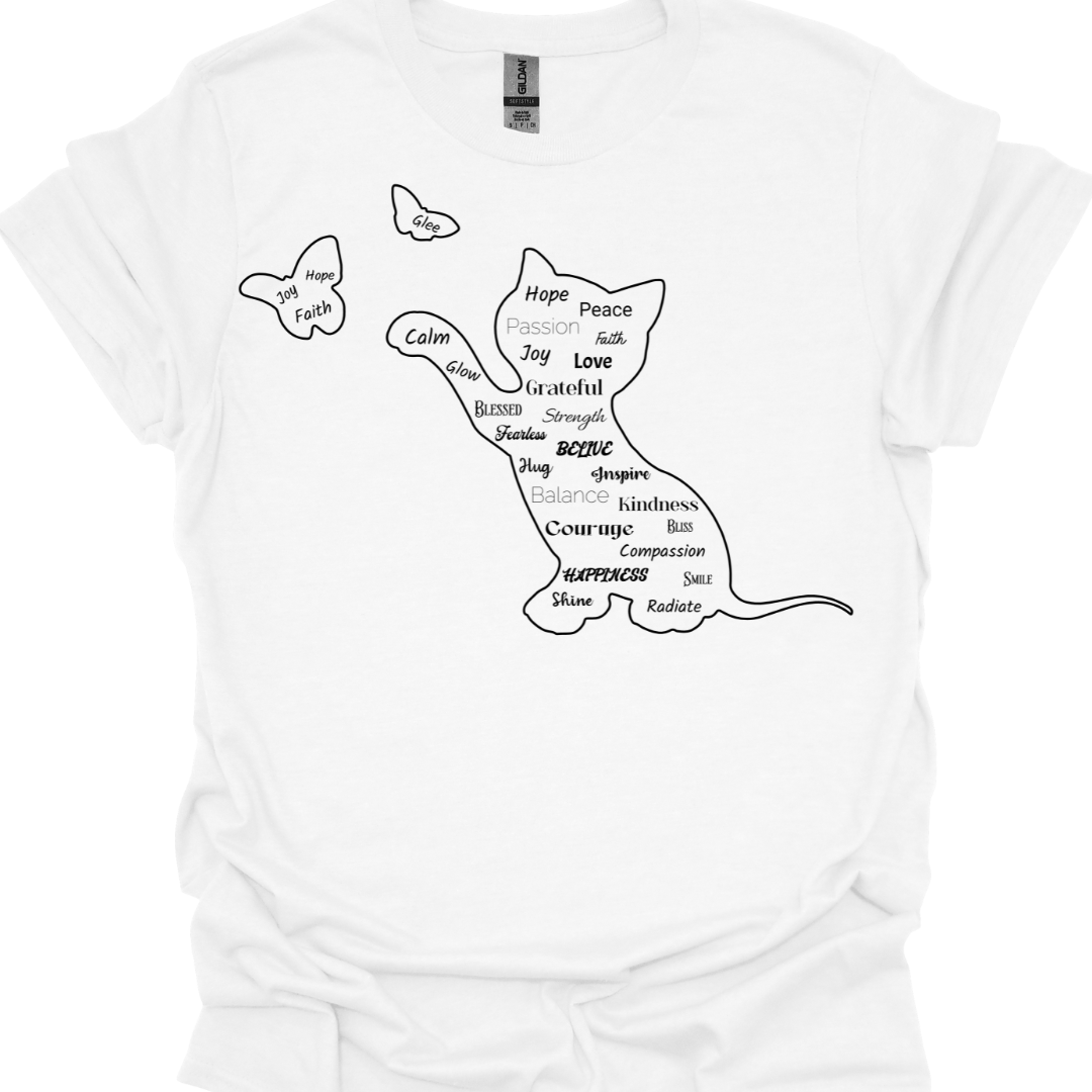 Cat & Butterfly Positive Words T-Shirt – Uplifting Cat Lover Tee | Inspirational Cat Design