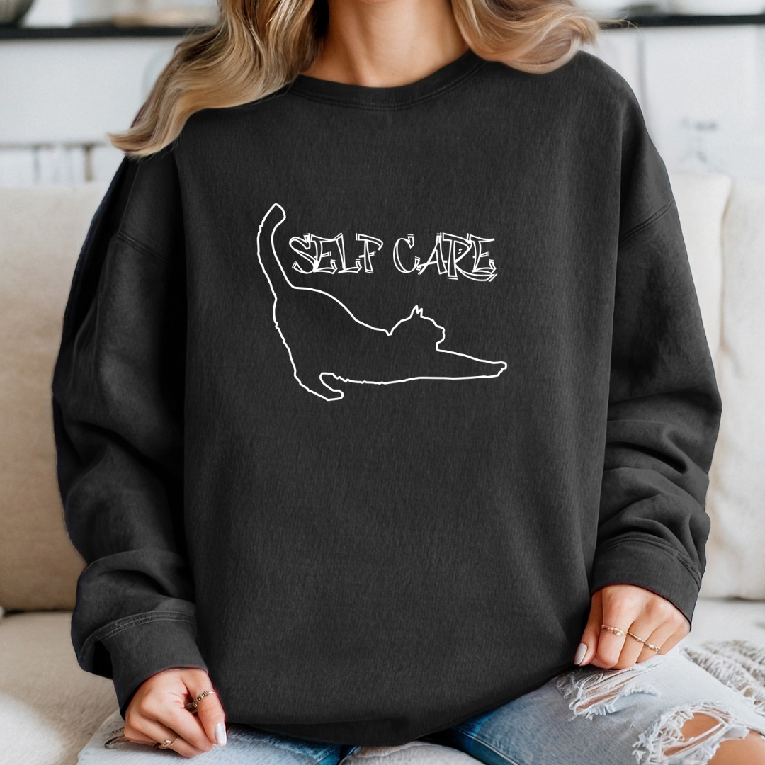 Cozy Self-Care Cat Sweatshirt, Perfect Gift for Cat Lovers and Mental Health and Positivity Advocates