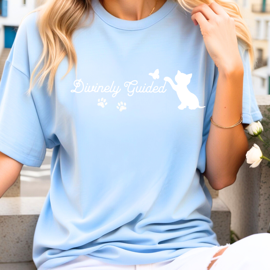 Divinely Guided Cat Lover T-Shirt – Stylish Tee with Paw Prints & Cat Design