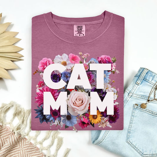 Cat Mom Comfort Colors Floral T-shirt Gift For Cat Moms Perfect Present for Cat Owner Cat Lover Tee Cute Cat Lover Gift Mother's Day Cat Shirt