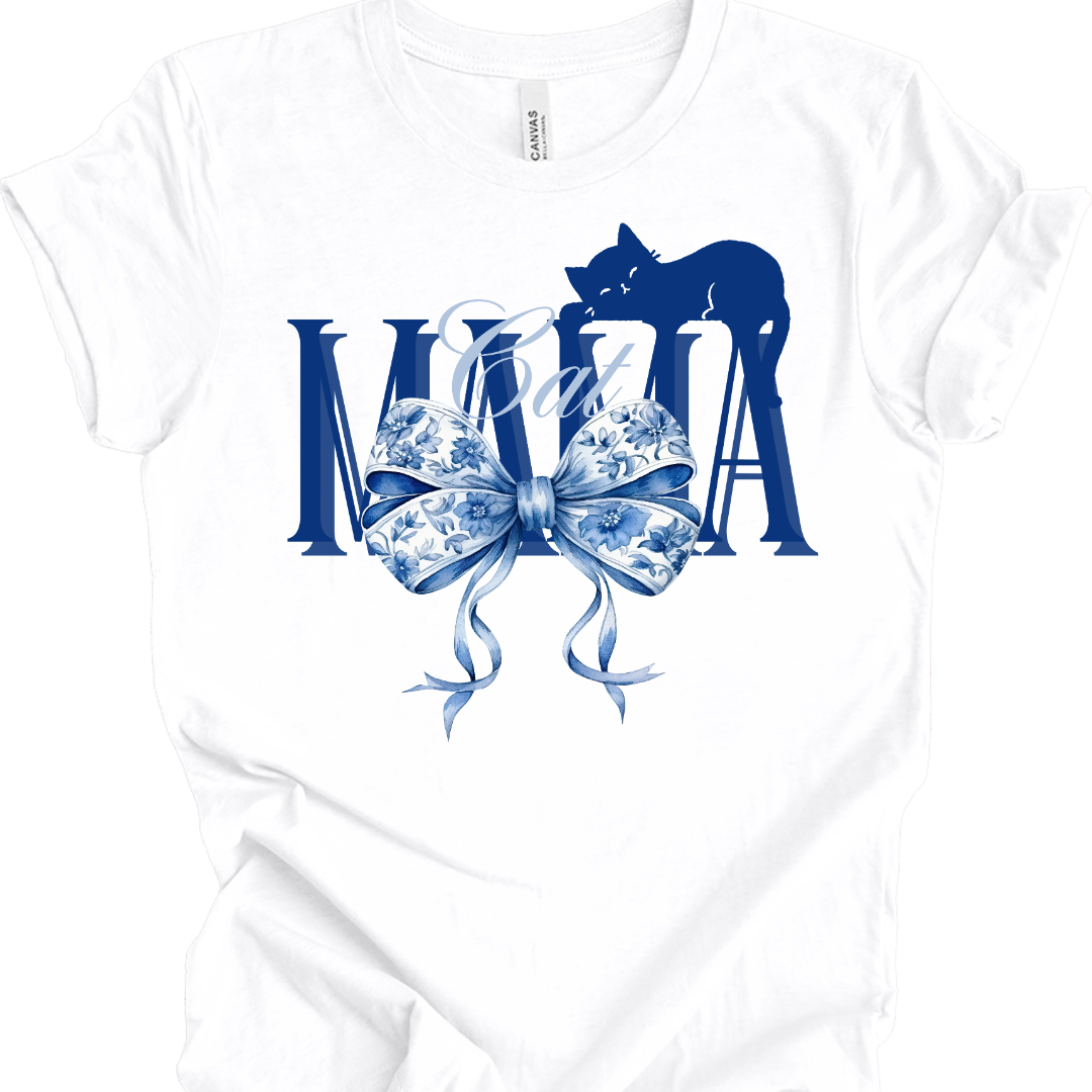 Cat Mama T-Shirt – Elegant Chinoiserie Bow & Sleeping Cat Silhouette Design | Cute Gift for Cat Moms