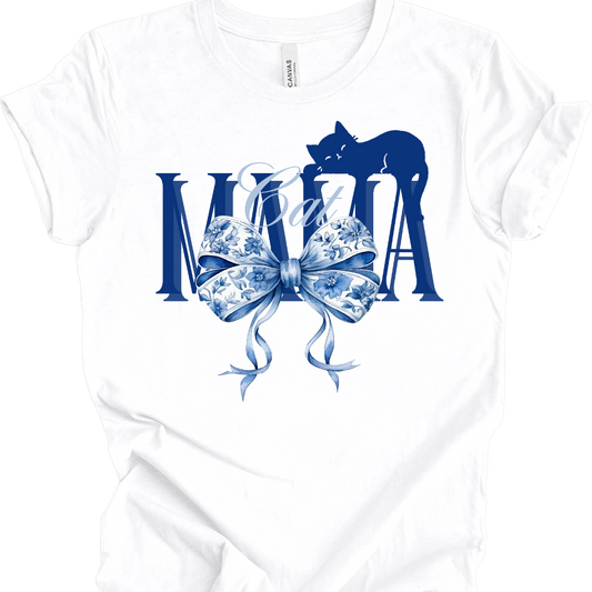 Cat Mama T-Shirt – Elegant Chinoiserie Bow & Sleeping Cat Silhouette Design | Cute Gift for Cat Moms