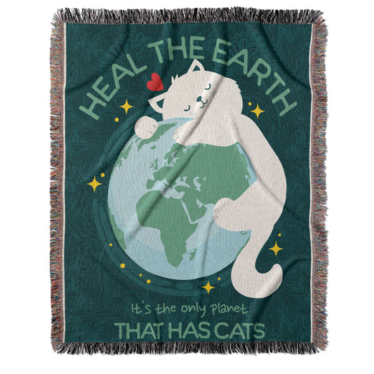 Woven Cat Lover Blanket – Cozy Woven Throw for Cat and Planet Lovers With Fun Message