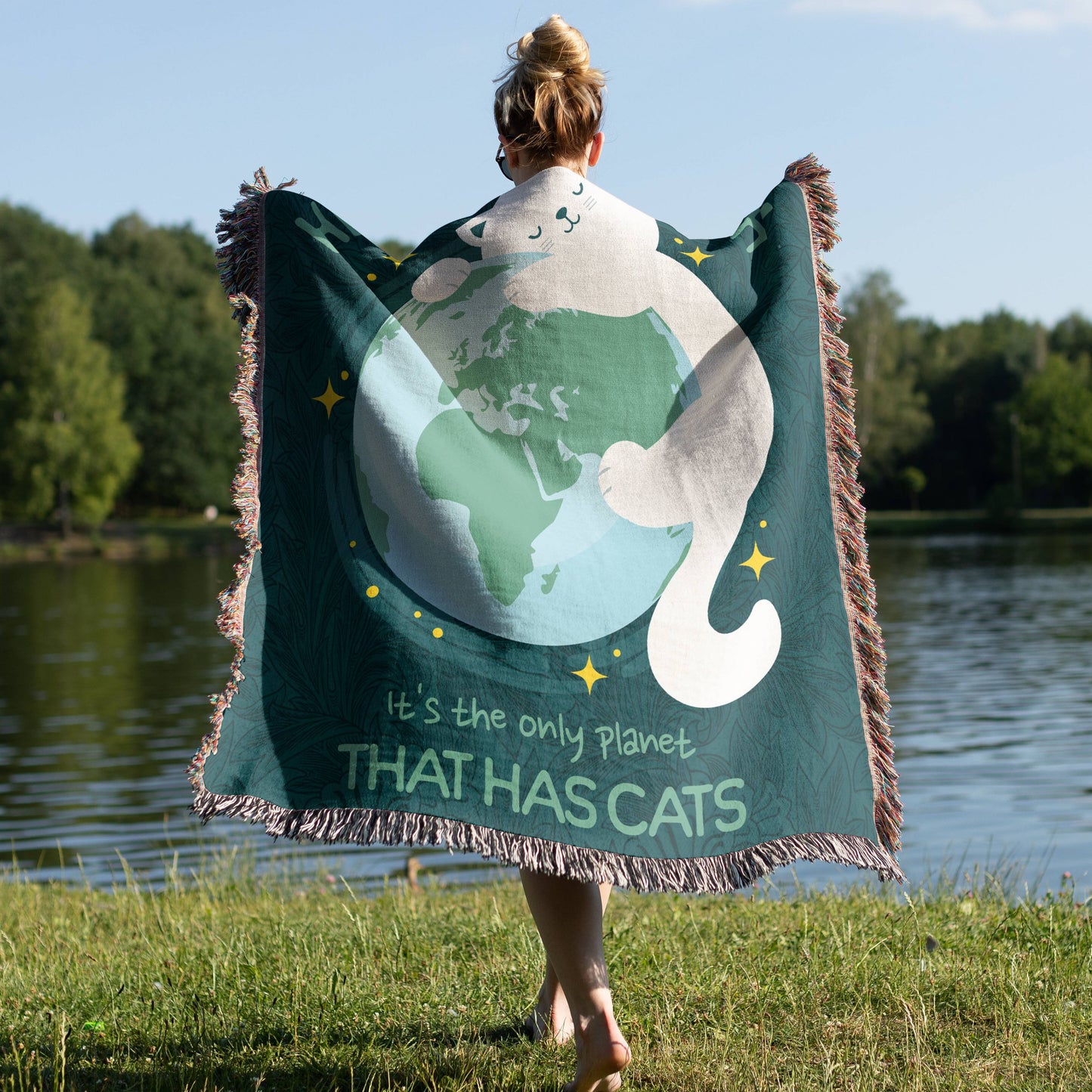 Woven Cat Lover Blanket – Cozy Woven Throw for Cat and Planet Lovers With Fun Message