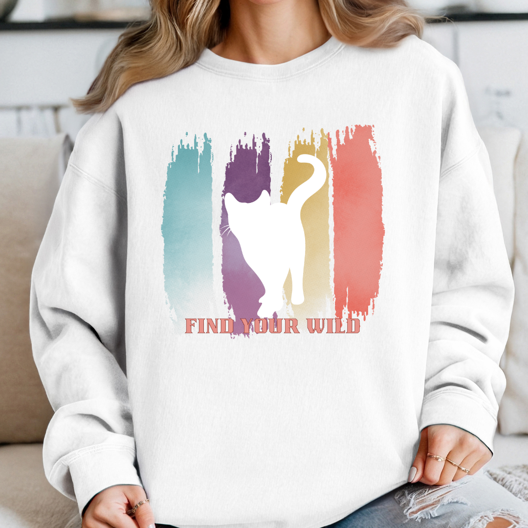 Cat Lover Crewneck Sweatshirt "Find Your Wild" – Artistic Brush Stroke & Silhouette Design