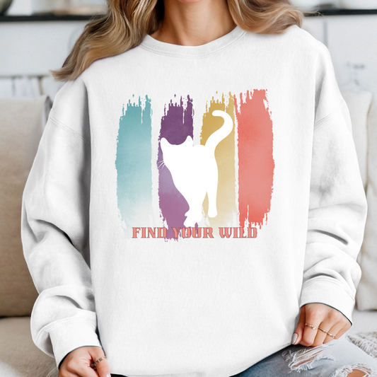 Cat Lover Crewneck Sweatshirt "Find Your Wild" – Artistic Brush Stroke & Silhouette Design