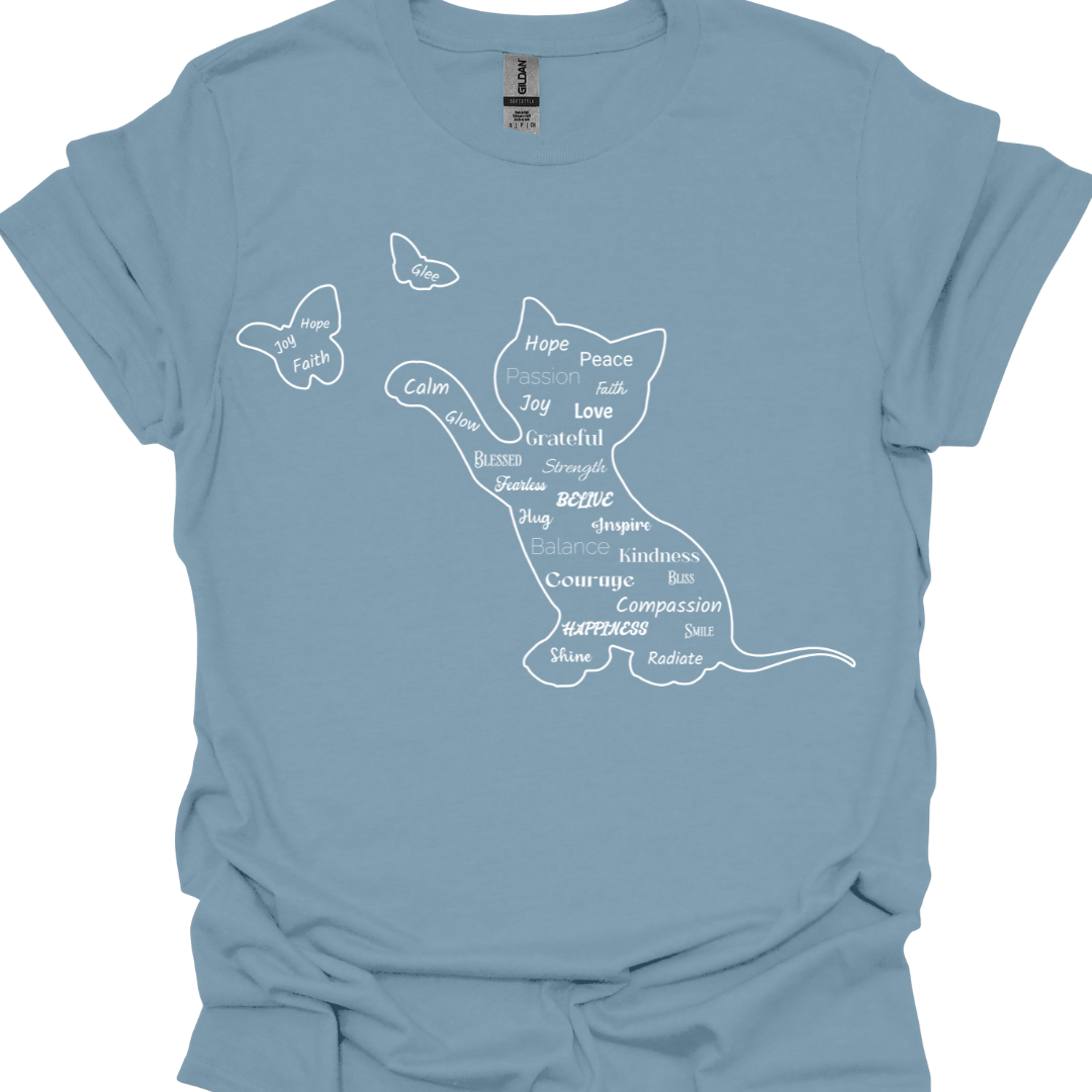 Cat & Butterfly Positive Words T-Shirt – Uplifting Cat Lover Tee | Inspirational Cat Design