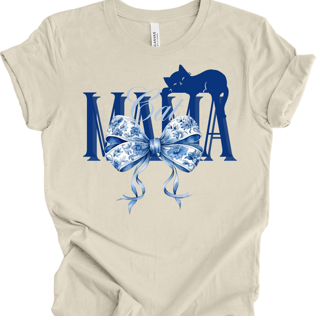 Cat Mama T-Shirt – Elegant Chinoiserie Bow & Sleeping Cat Silhouette Design | Cute Gift for Cat Moms
