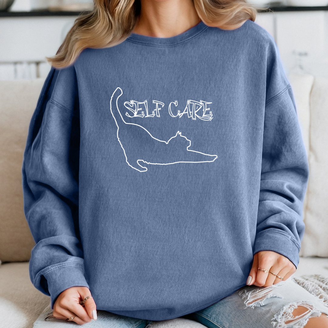 Cozy Self-Care Cat Sweatshirt, Perfect Gift for Cat Lovers and Mental Health and Positivity Advocates