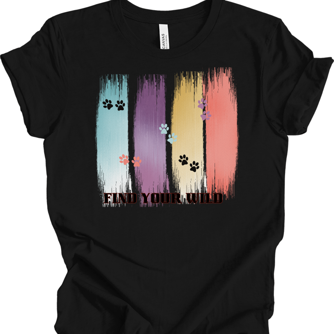 Cat Lover T-Shirt – ‘Find Your Wild’ Paw Print Brush Stroke Design | Adventure & Animal Lover Tee