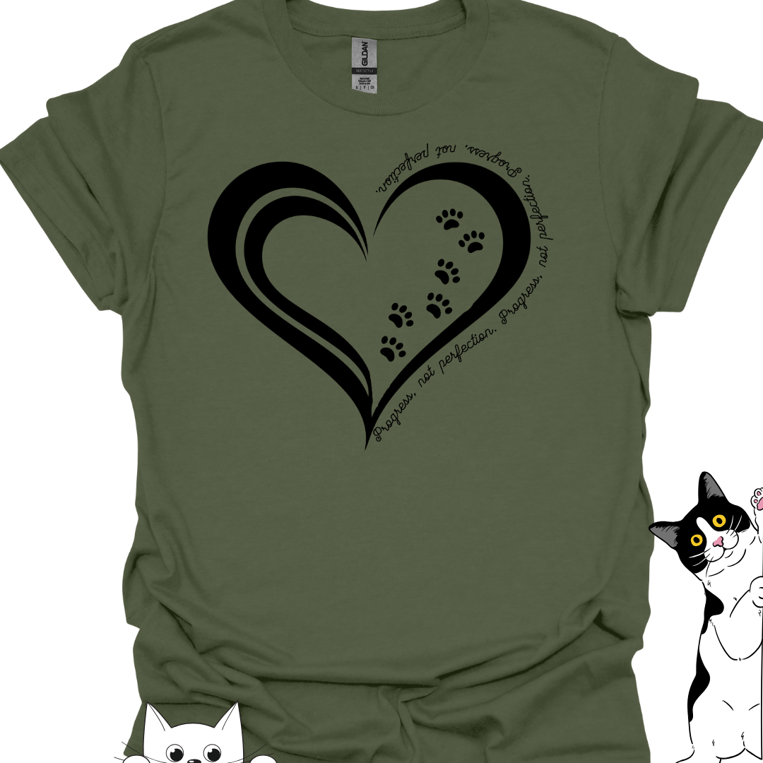 Cat Lover T-Shirt, Progress, Not Perfection – Heart & Paw Print Design | Inspirational Cat Tee