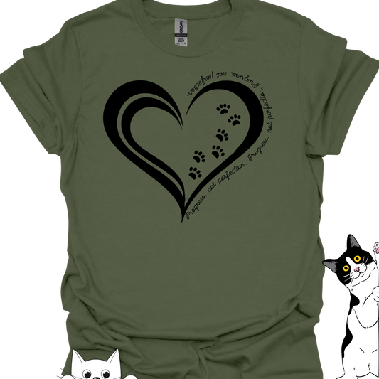 Cat Lover T-Shirt, Progress, Not Perfection – Heart & Paw Print Design | Inspirational Cat Tee