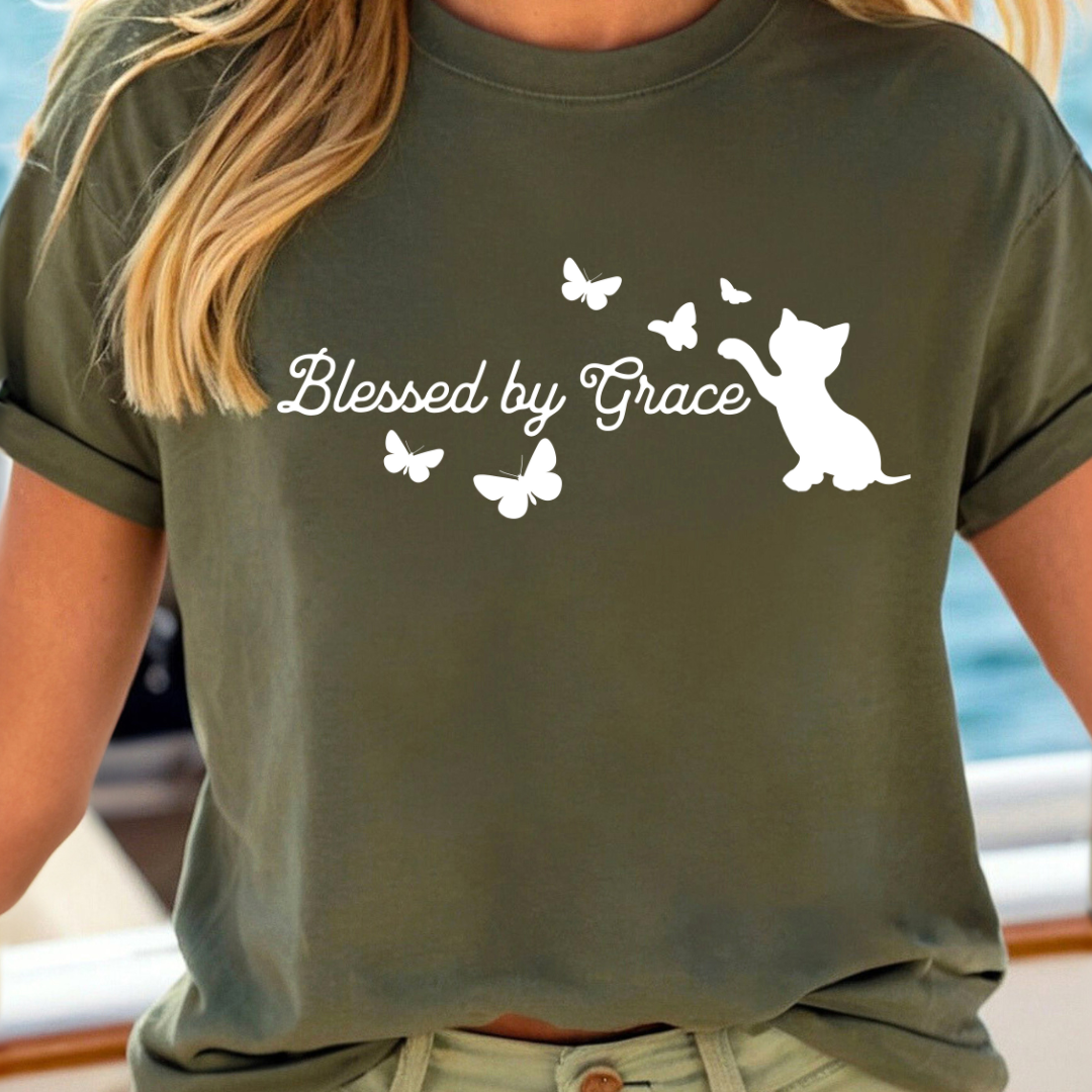 Blessed by Grace Cat Lover T-Shirt – Stylish & Positive Feline Fashion