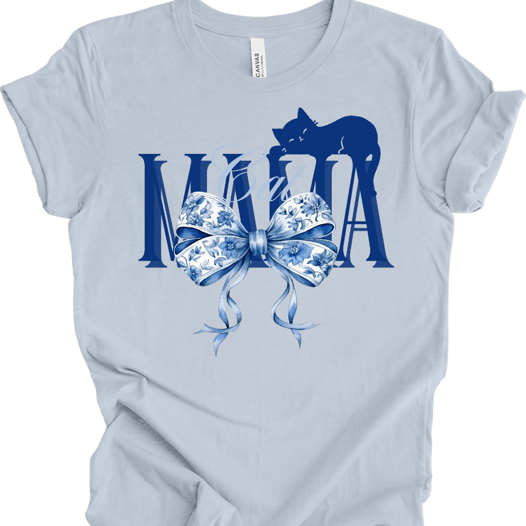 Cat Mama T-Shirt – Elegant Chinoiserie Bow & Sleeping Cat Silhouette Design | Cute Gift for Cat Moms