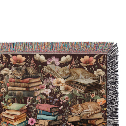 Woven Blanket – Cats, Books & Wildflowers | Cat & Book Lovers Gift
