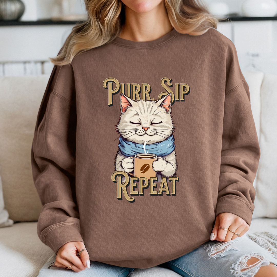 Cat Lover Sweatshirt – Purr, Sip, Repeat, Coffee & Cat Lover Design