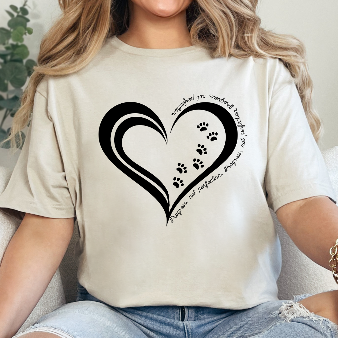 Cat Lover T-Shirt, Progress, Not Perfection – Heart & Paw Print Design | Inspirational Cat Tee