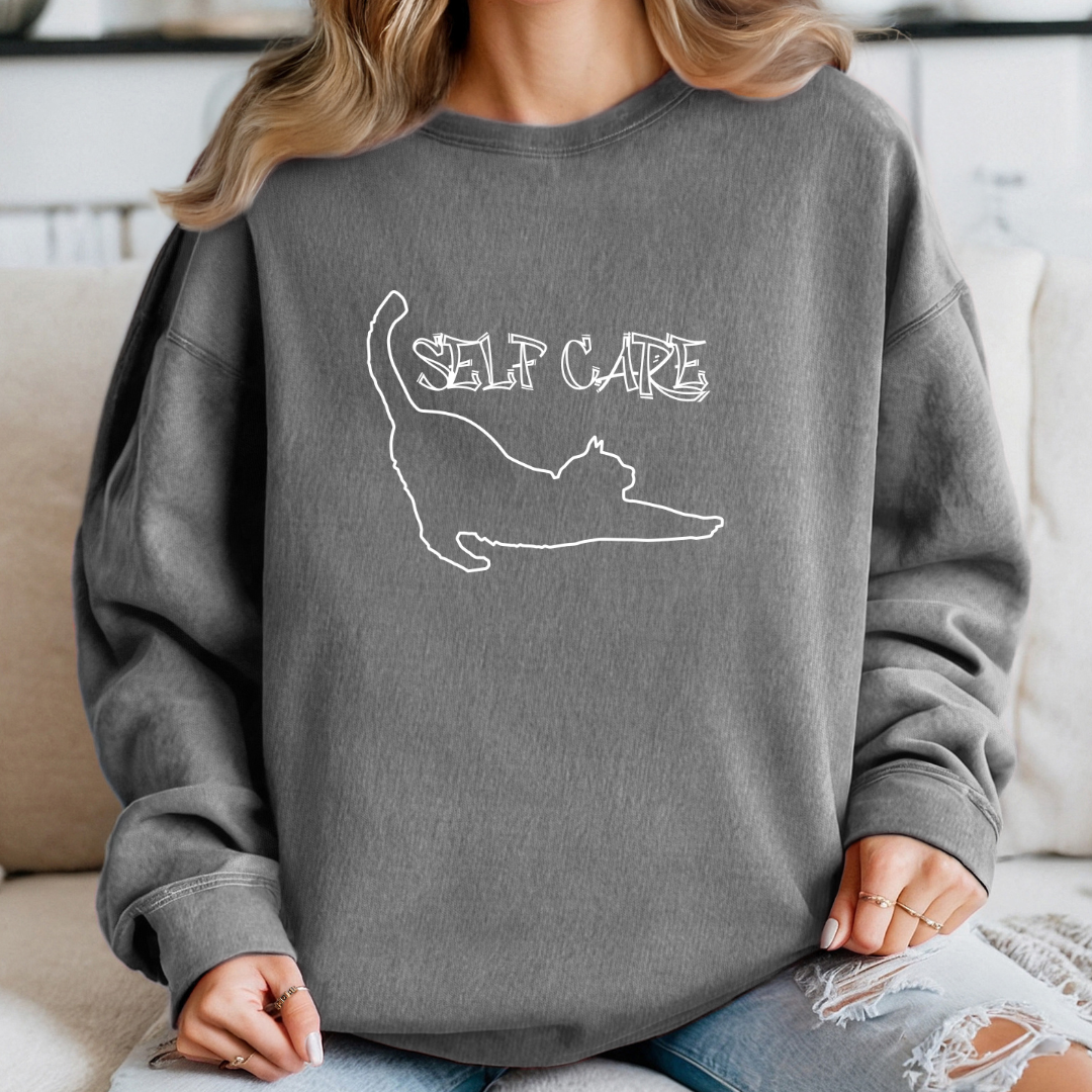 Cozy Self-Care Cat Sweatshirt, Perfect Gift for Cat Lovers and Mental Health and Positivity Advocates