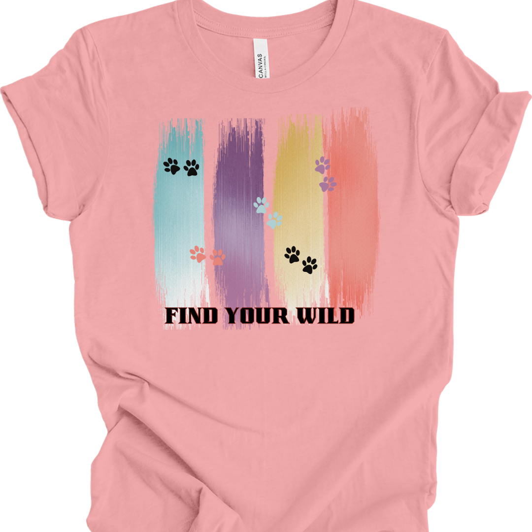 Cat Lover T-Shirt – ‘Find Your Wild’ Paw Print Brush Stroke Design | Adventure & Animal Lover Tee