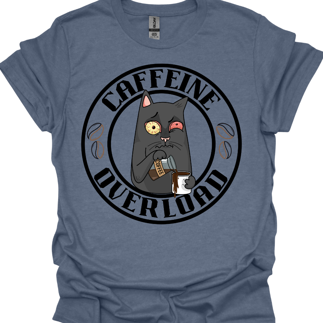 Caffeine Overload Cat T-Shirt – Funny Coffee Lover Tee for Cat Enthusiasts
