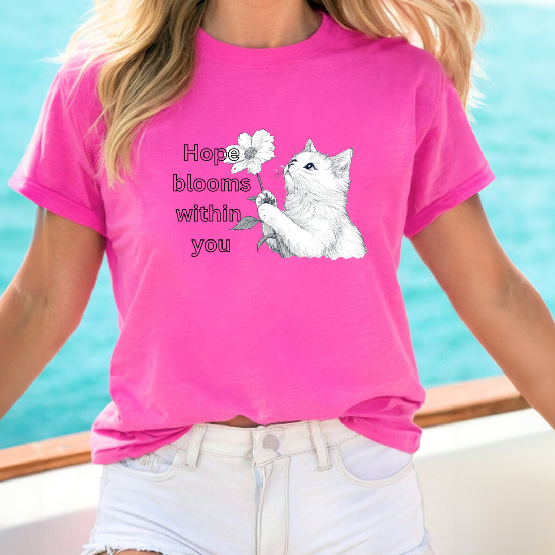 Cat Lover T-shirt Hope Blooms Within You – Inspirational Floral Cat Tee for Positivity & Comfort