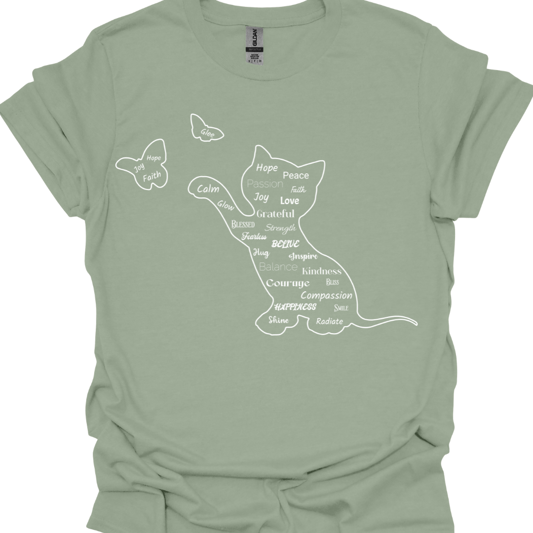 Cat & Butterfly Positive Words T-Shirt – Uplifting Cat Lover Tee | Inspirational Cat Design