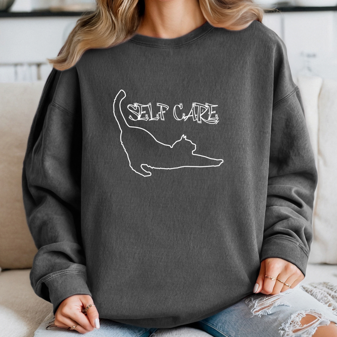 Cozy Self-Care Cat Sweatshirt, Perfect Gift for Cat Lovers and Mental Health and Positivity Advocates