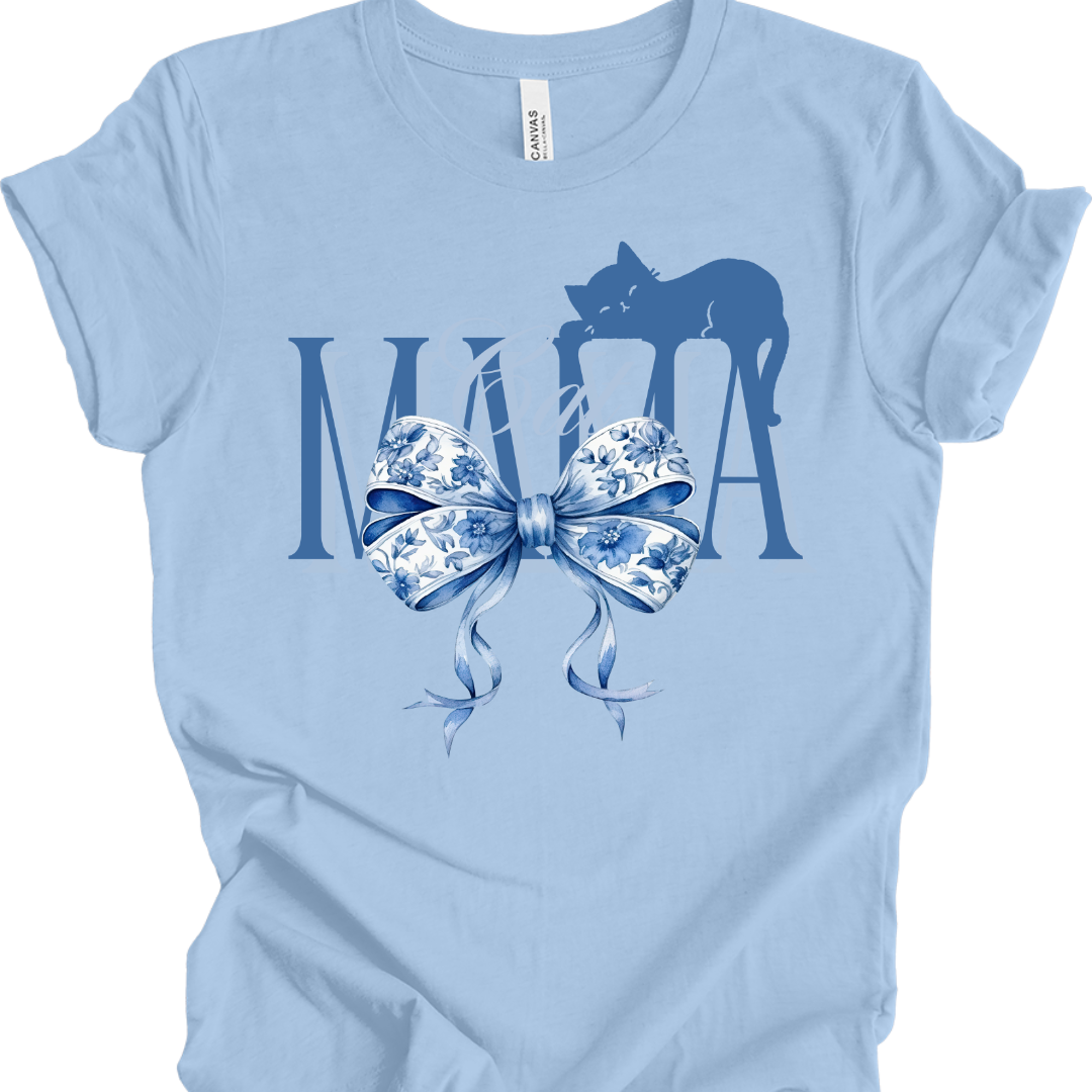 Cat Mama T-Shirt – Elegant Chinoiserie Bow & Sleeping Cat Silhouette Design | Cute Gift for Cat Moms