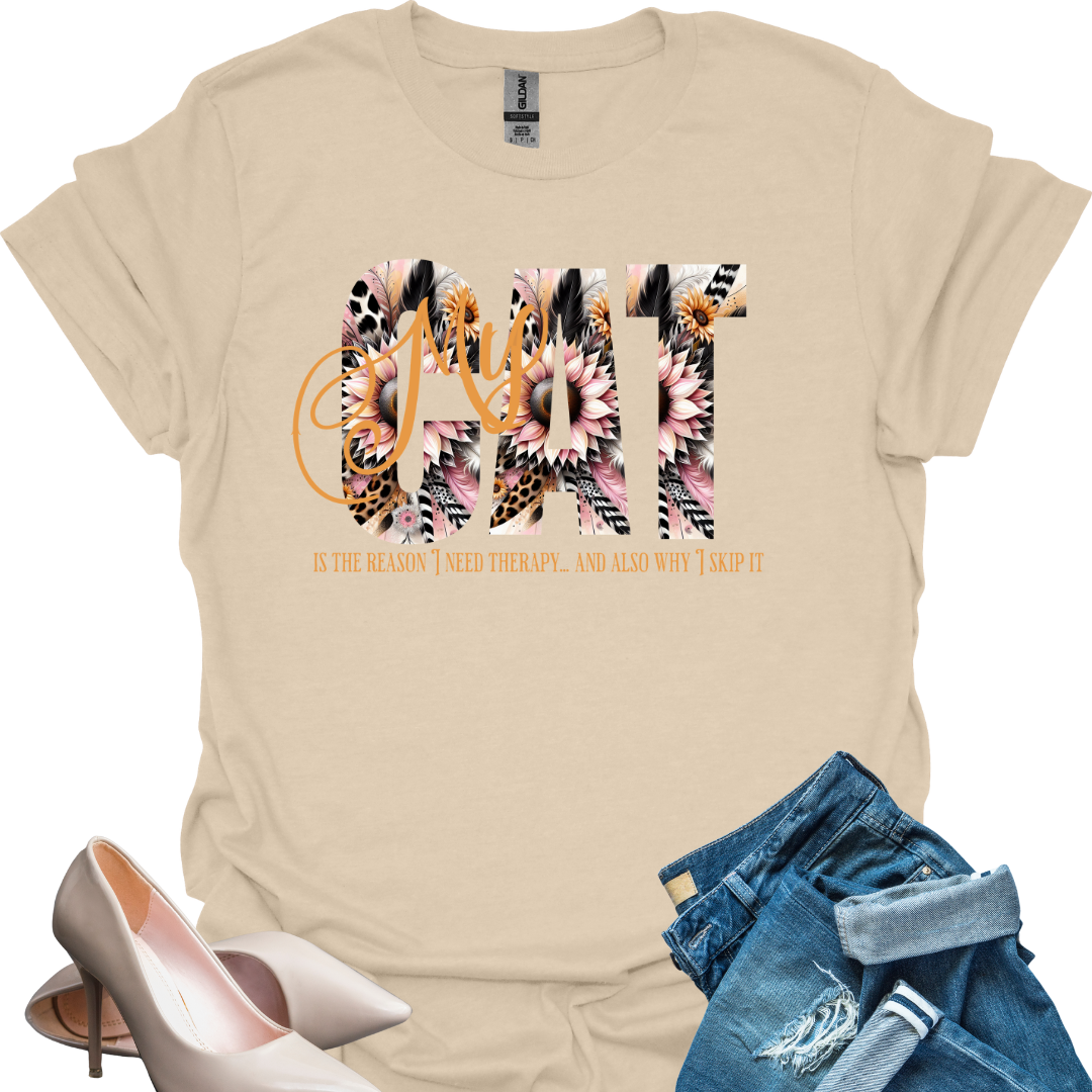 Funny Cat Lover T-Shirt – "My Cat Is the Reason Why I Need Therapy & Why I Skip It"