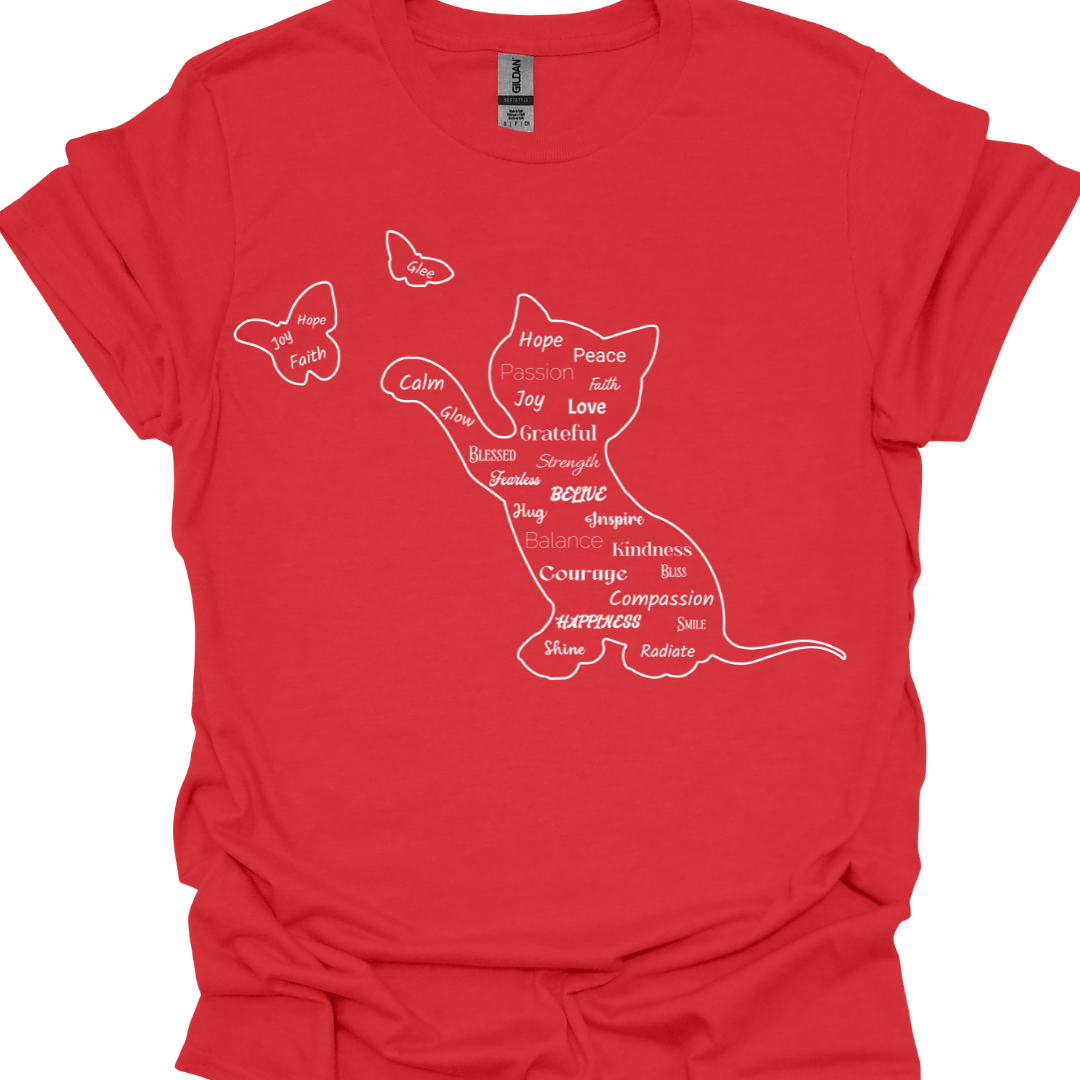 Cat & Butterfly Positive Words T-Shirt – Uplifting Cat Lover Tee | Inspirational Cat Design