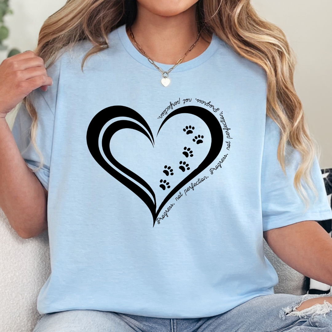 Cat Lover T-Shirt, Progress, Not Perfection – Heart & Paw Print Design | Inspirational Cat Tee
