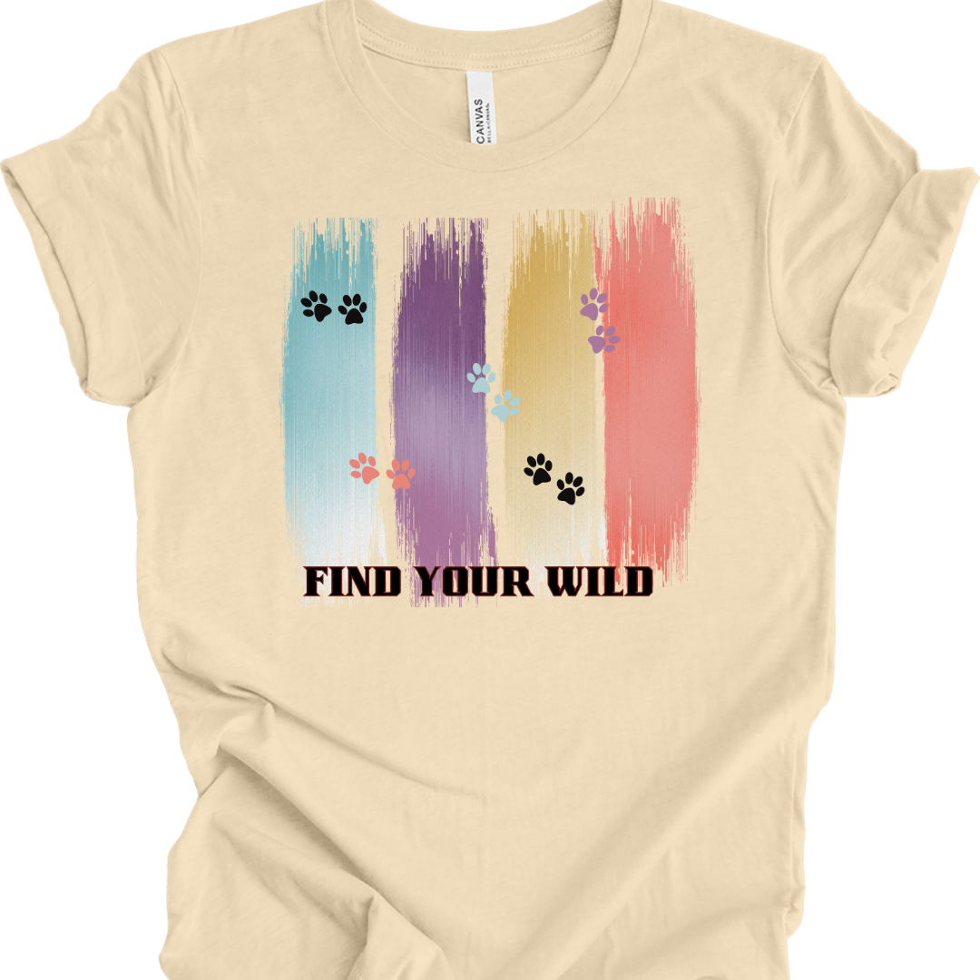 Cat Lover T-Shirt – ‘Find Your Wild’ Paw Print Brush Stroke Design | Adventure & Animal Lover Tee