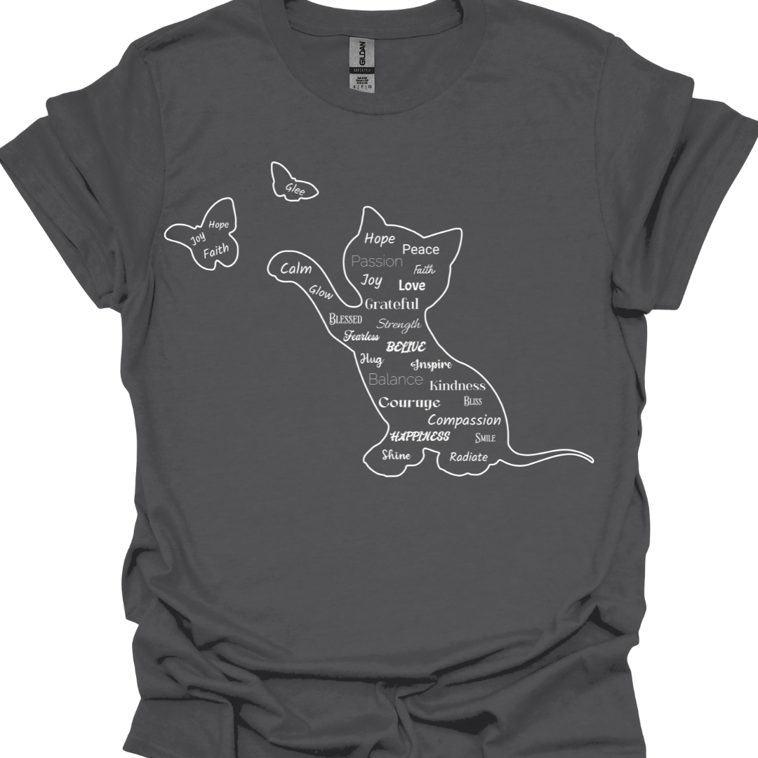 Cat & Butterfly Positive Words T-Shirt – Uplifting Cat Lover Tee | Inspirational Cat Design