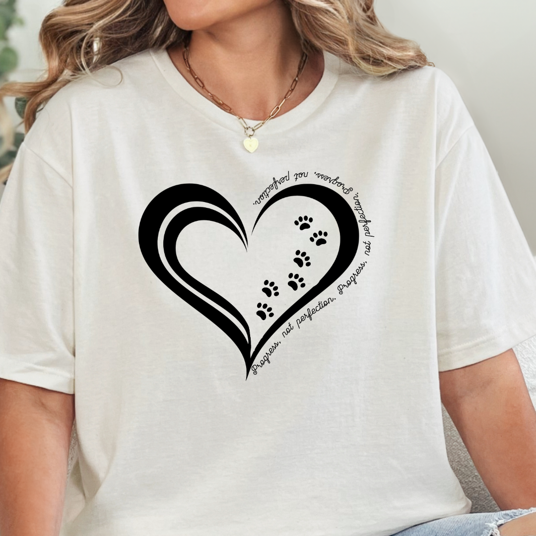 Cat Lover T-Shirt, Progress, Not Perfection – Heart & Paw Print Design | Inspirational Cat Tee