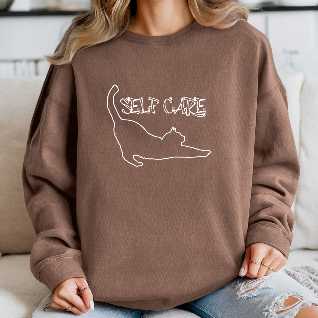 Cozy Self-Care Cat Sweatshirt, Perfect Gift for Cat Lovers and Mental Health and Positivity Advocates