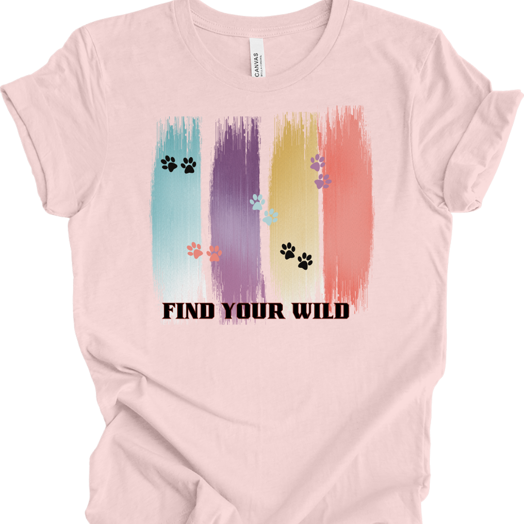 Cat Lover T-Shirt – ‘Find Your Wild’ Paw Print Brush Stroke Design | Adventure & Animal Lover Tee