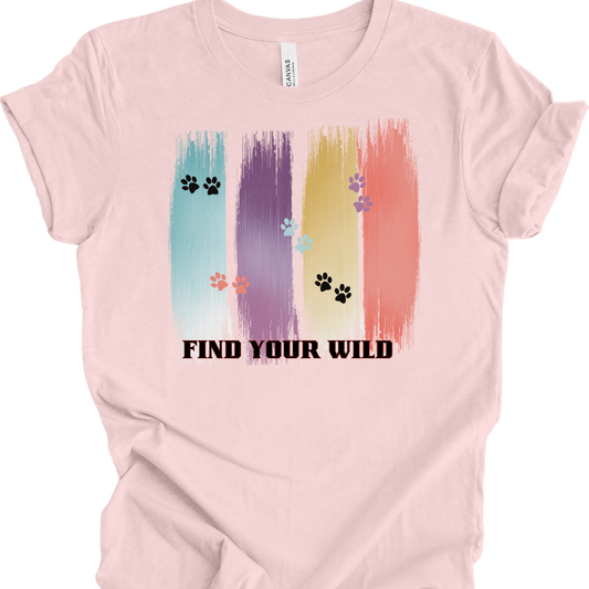 Cat Lover T-Shirt – ‘Find Your Wild’ Paw Print Brush Stroke Design | Adventure & Animal Lover Tee