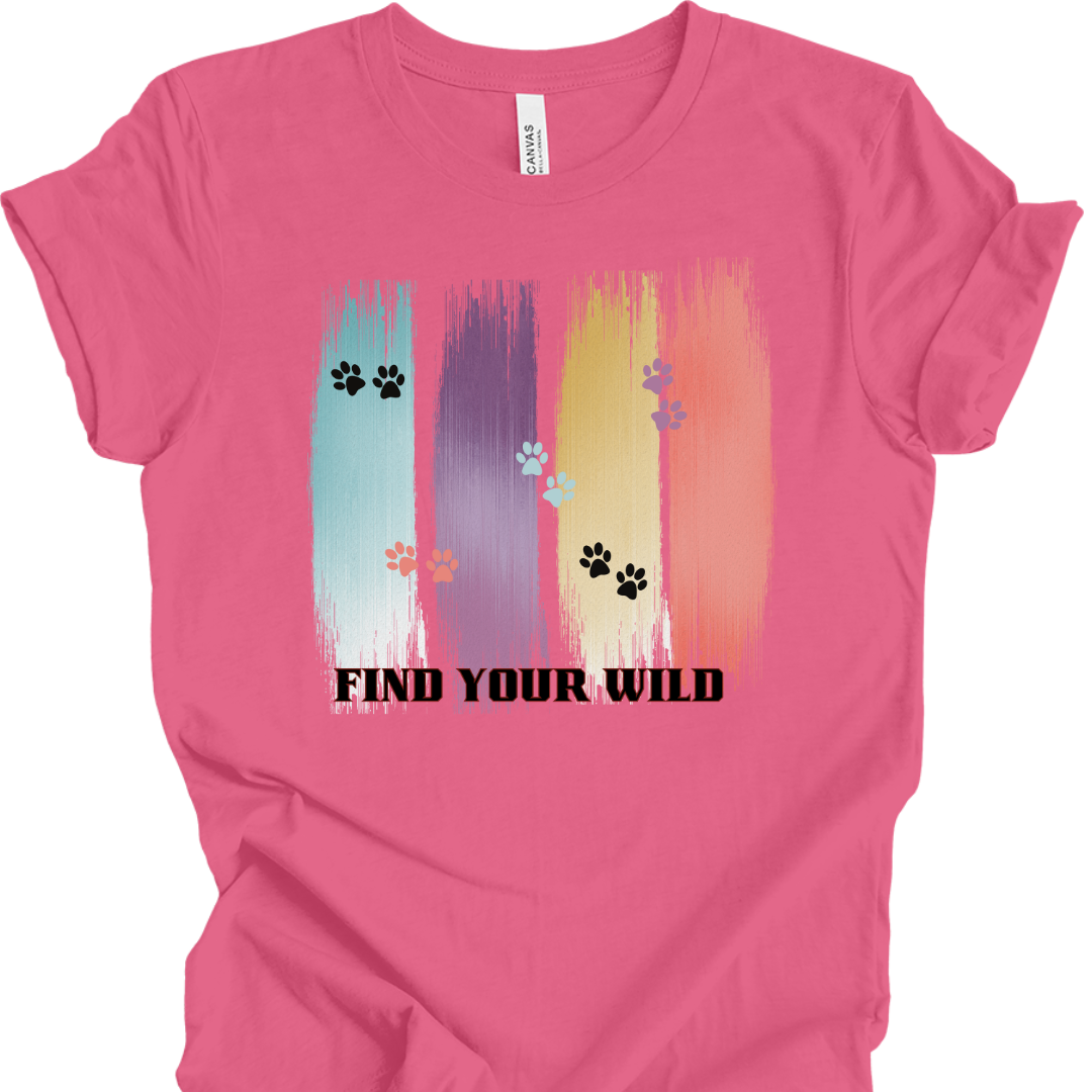 Cat Lover T-Shirt – ‘Find Your Wild’ Paw Print Brush Stroke Design | Adventure & Animal Lover Tee